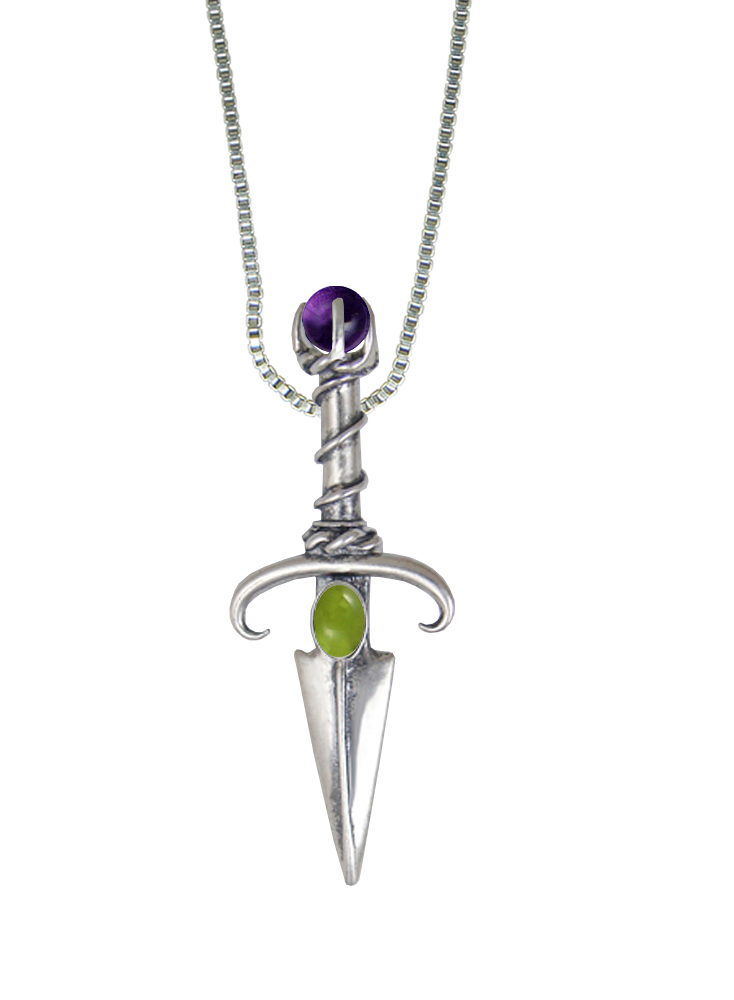 Sterling Silver Black Prince's Knife Dagger Pendant With Peridot And Amethyst